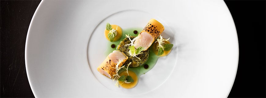 "Hamachi – Kürbis, Nori-Alge und Shiso", Michael Kempf, Restaurant Facil "Hamachi – Kürbis, Nori-Alge und Shiso", Michael Kempf, Restaurant Facil