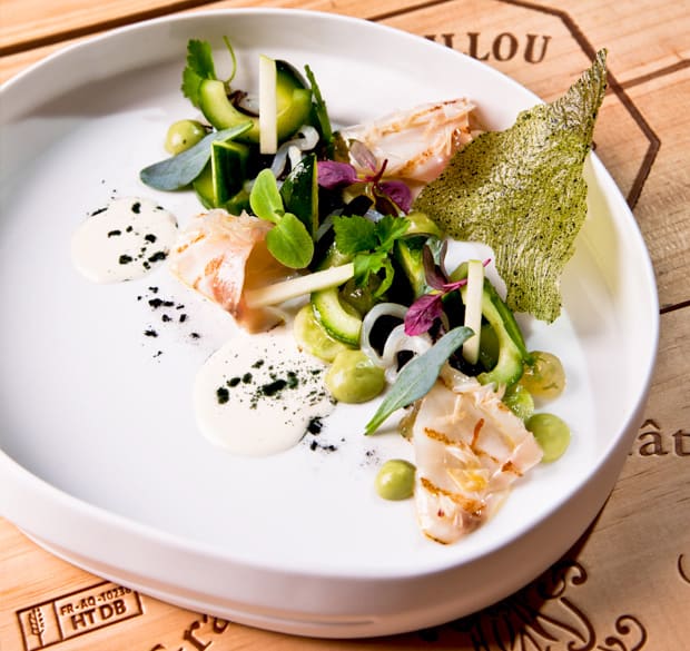  „Wilde Dorade Royale“ gegrillt, Sepia, Gurken, Hijiki-Apfelsalat & Crème crue