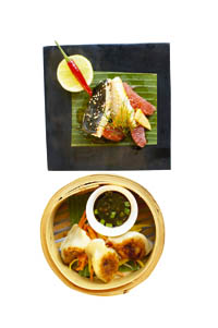 Garnelen Dim Sum mit Steinbutt-Pomelosalat