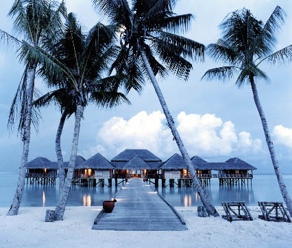 Wasserbungalows in der Dämmerung, romantisch beleuchtet mit einem Steg an Land führend während endlos lange Palmen den Steg umkreisen 
