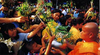 ein religiöses Fest in Thailand mit Mönchen in traditionellem Gewand 