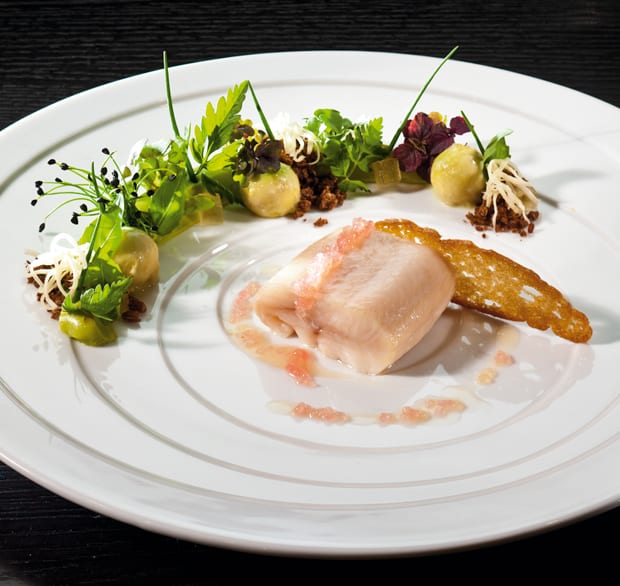 Pochierte Forelle, Kräutersalat, Wasabi-Avocado, Schwarzbrot