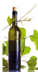 Eine Weinflasche mit Weinblättern 