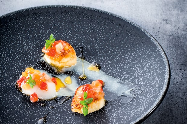 Jakobsmuschel mit Tomate, Erdbeere und Holunderblüte