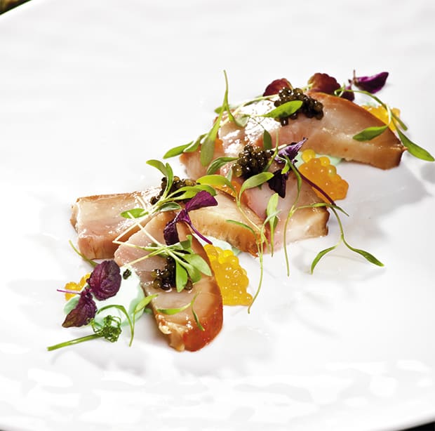 Geräucherter Stör mit Wasabi-Creme und Shisokresse