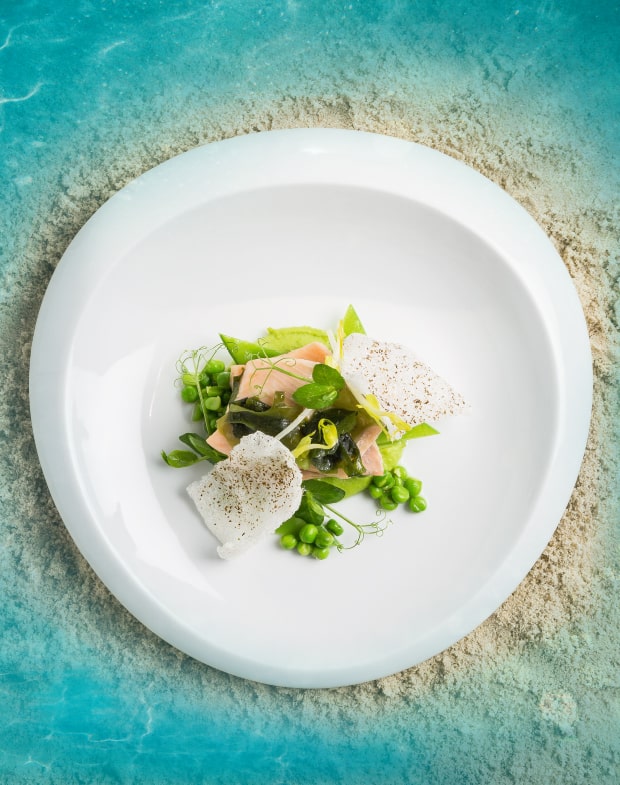 Spitzteich-Forelle mit Wasabi-Erbsen und Reis-Chips