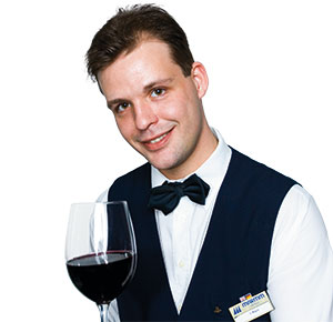 ein Kellner mit einem Glas Rotwein 