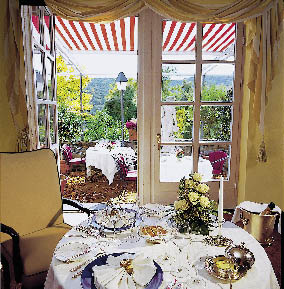 ein Blick aus dem Restaurant Stromburg auf den Gastgarten 