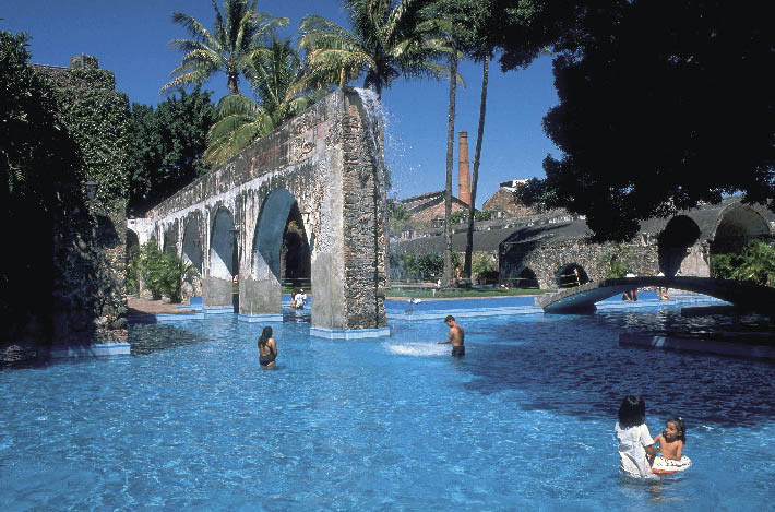 Eine Poollandschaft umgeben von Palmen und Stein 
