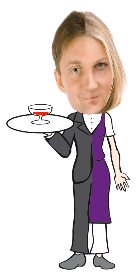eine Figur, halb Mann, halb Frau mit einem Tablett in der Hand 
