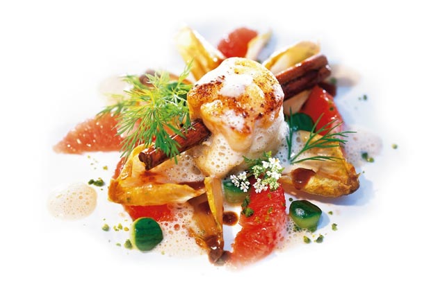 Auf der Zimtstange gegartes Seeteufelmedaillon mit karamellisiertem Chicoree auf Grapefruit-Vanillebutter-Sauce