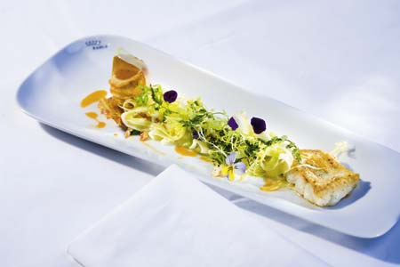 gebratener zander mit anis auf weißer zwiebel-frischkäse-vanille-creme mit mariniertem fenchel und chorizoschaumrolle