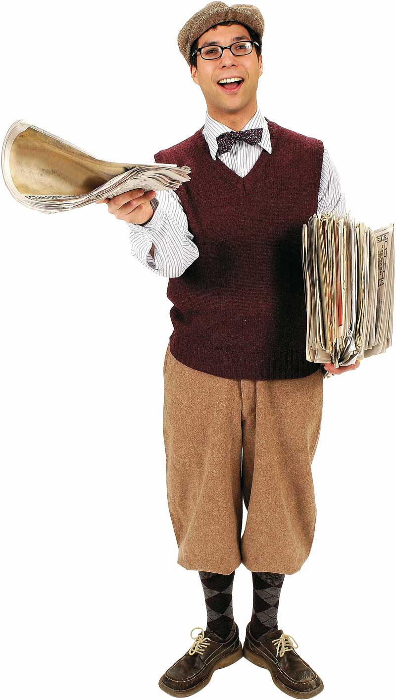 ein zeitungsjunge mit einem zeitungsstapel und einer flatcap und karosocken 