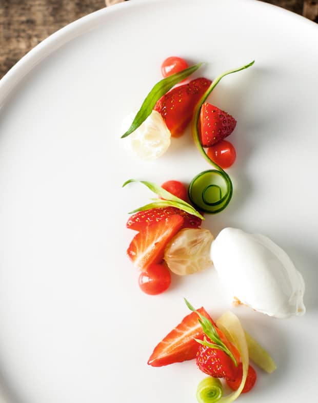 Apfelholz, Erdbeere, Gurke, Sour Cream