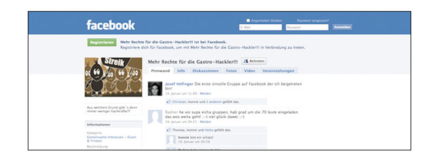 Die Facebook Streik Seite der Gastro-Hackler