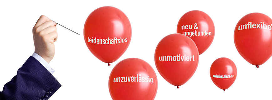 Luftballone mit negativen Charaktereigenschaften, eine Hand mit einer Nadel 