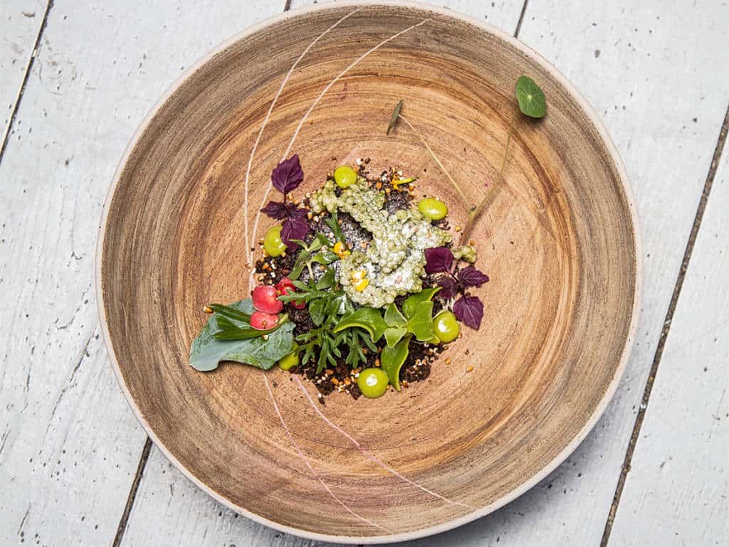 Das Gericht startet mit der unterirdischen Ernte von Gemüse – Rote Bete mit Atsina Cress–, überdeckt von „essbarer Erde“ – geröstetem Kraft-Malz-Brot und endet mit oberirdisch geernteten Gegenspieler– einer Kresseauswahl der Superlative. Das Gericht startet mit der unterirdischen Ernte von Gemüse – Rote Bete mit Atsina Cress–, überdeckt von „essbarer Erde“ – geröstetem Kraft-Malz-Brot und endet mit oberirdisch geernteten Gegenspieler– einer Kresseauswahl der Superlative.