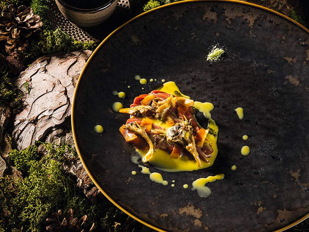 Taube mit Honig, Fichtensalz, Bottarga und Vov Taube mit Honig, Fichtensalz, Bottarga und Vov