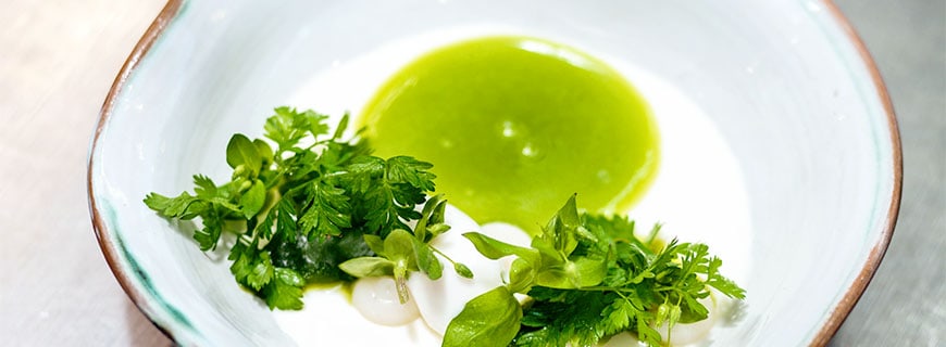 Petramer mit frischen Kräutern, gesammelt von den umliegenden Wiesen des Restaurants Taubenkobel von Alain Weissgerber Petramer mit frischen Kräutern, gesammelt von den umliegenden Wiesen des Restaurants Taubenkobel von Alain Weissgerber