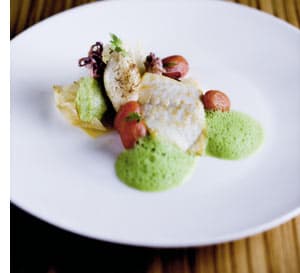 Steinbutt und gefüllte Calamaretti mit knuspriger Kräutertarte, Avocado und geschmorten Kirschtomaten