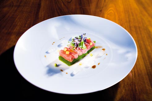Röllchen von rotem Thunfisch mit Gurkengelee, Borretsch und Aloe Vera Gurkengelee: 