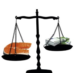 eine Waage, auf einer Seite ein Stück Lachs, auf der anderen ein Geldbündel 