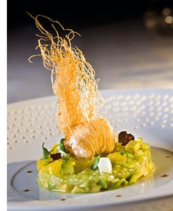  Carpaccio und Croustillant von Langostinos auf Avocado mit Zitrusfrüchte-Tapioka und Daikonkresse