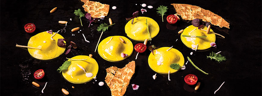 Manish Mehrotra, "Khandvi Ravioli, Mixed Cheese Mash, Khakra Crisp" Manish Mehrotra, "Khandvi Ravioli, Mixed Cheese Mash, Khakra Crisp"
