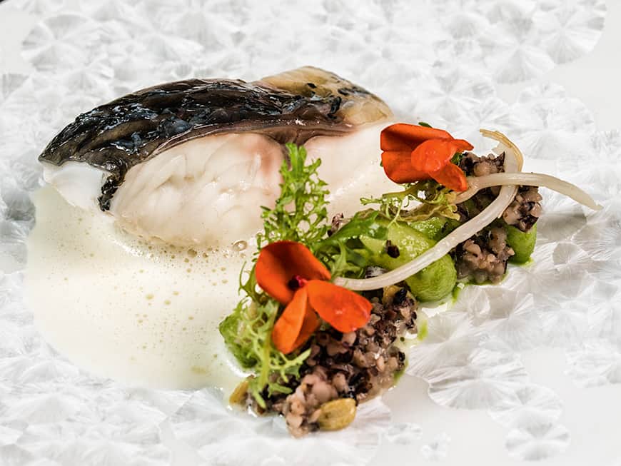 Karpfen aus der Blase mit Rettich, Käferbohnen und Verjus