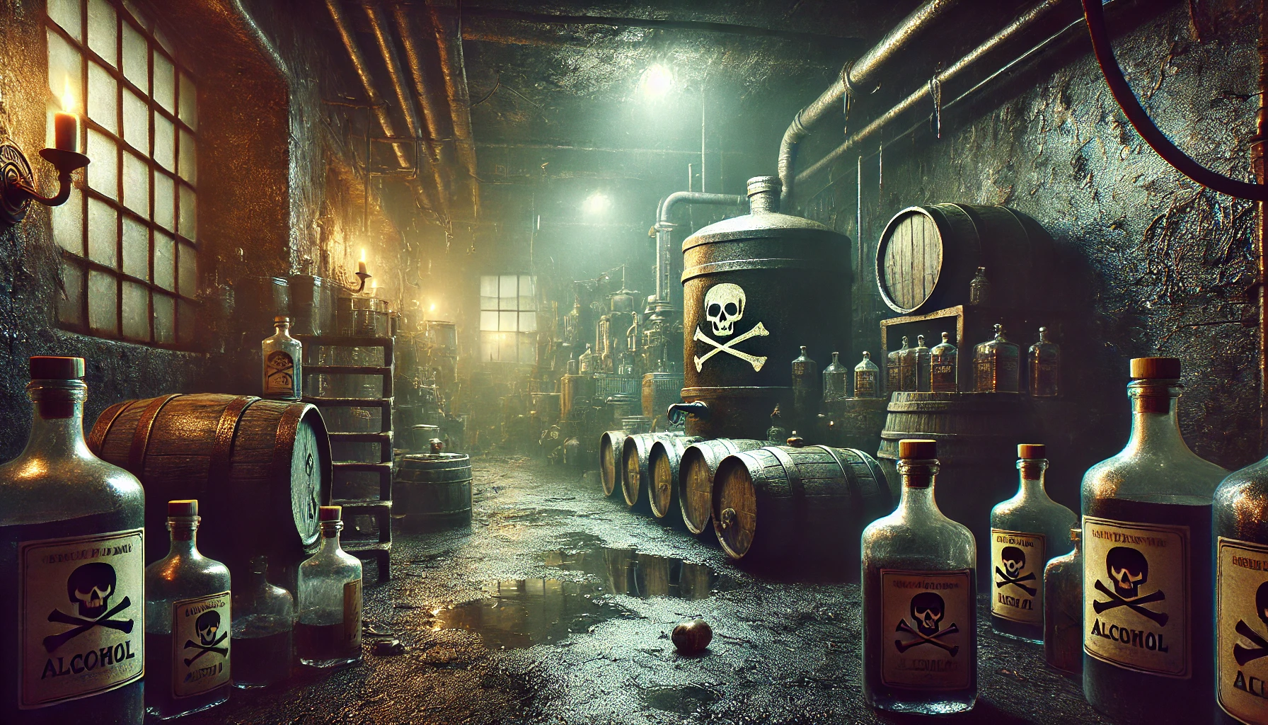 DALL·E-2025-02-11-12.56.01-A-dark-and-run-down-basement-with-an-illegal-alcohol-distillery.-The-atmosphere-is-eerie-with-dim-flickering-lights-casting-shadows-on-the-damp-cra
