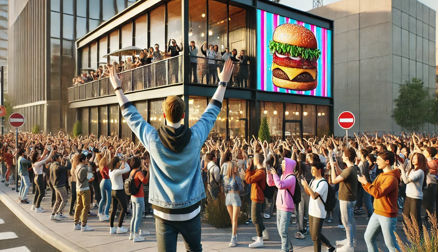 DALL·E-2025-02-19-14.26.40-A-photorealistic-image-of-a-modern-trendy-restaurant-with-a-colorful-and-youthful-design.-In-front-of-the-restaurant-a-large-crowd-of-about-50-young-1-e1739971670867