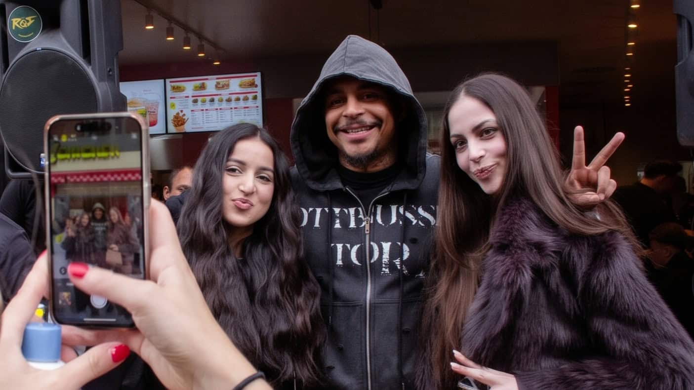 Rapper Luciano posiert mit zwei Fans für ein Foto bei der Eröffnung von Loco Chicken in Wien.