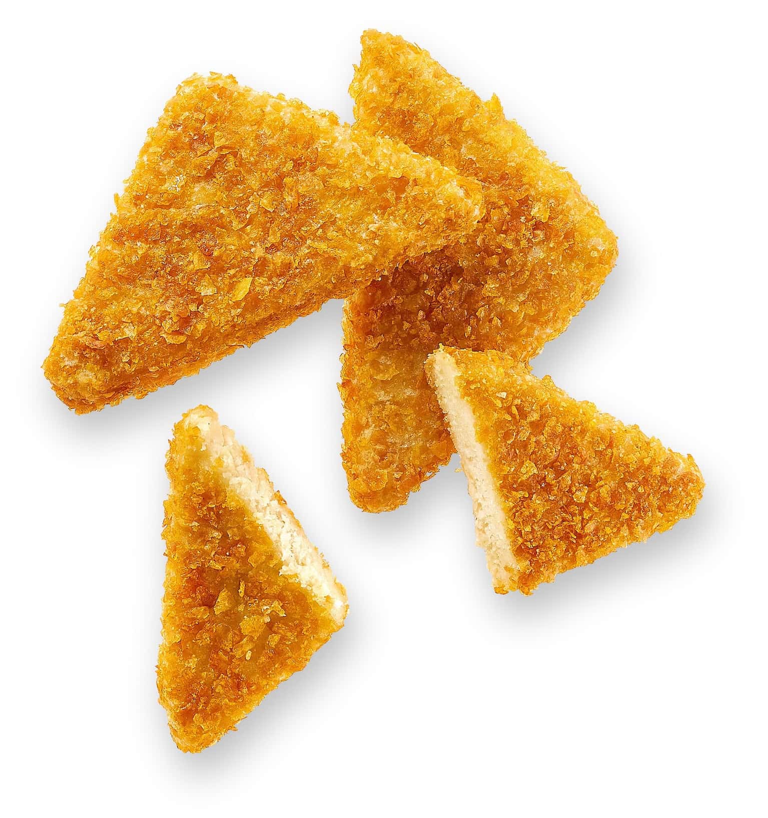 IT’S VEGIC Crispy Tofu von Hilcona als goldbraun panierte Dreiecke, teilweise aufgeschnitten mit sichtbarer Füllung.