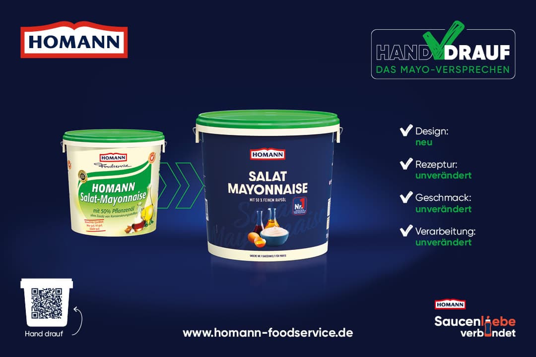 HOMANN Salat Mayonnaise im alten und neuen Verpackungsdesign: Rezeptur, Geschmack und Verarbeitung bleiben unverändert.