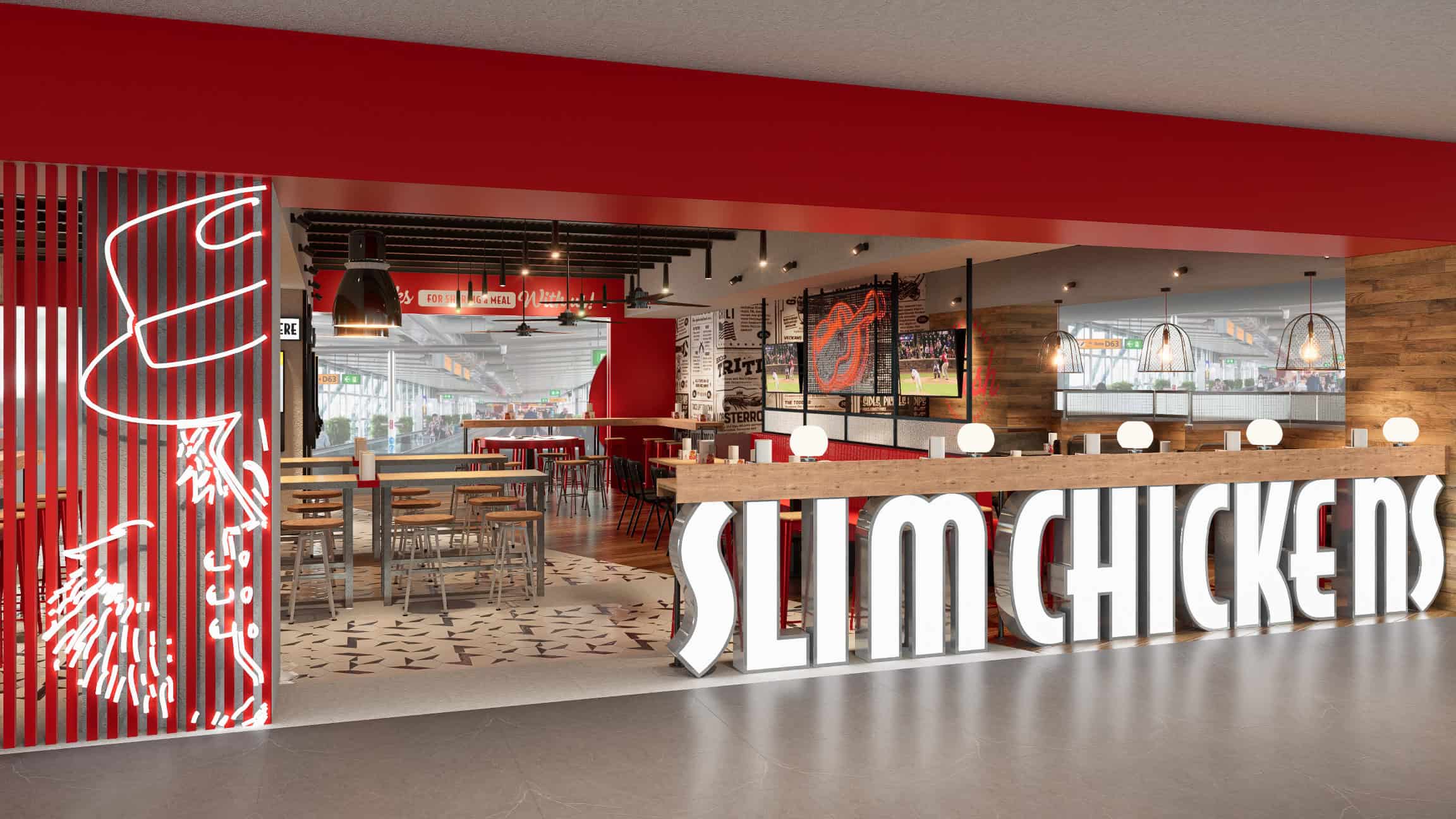 Visualisierung des Slim-Chickens-Restaurants am Flughafen Düsseldorf mit großem Markenschriftzug, Holzmöbeln und roten Gestaltungselementen.